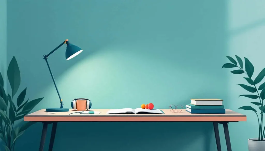 Minimal vector illustration of sensory support tools for ADHD teachers: headphones, lamp, and fidget, with calming open design