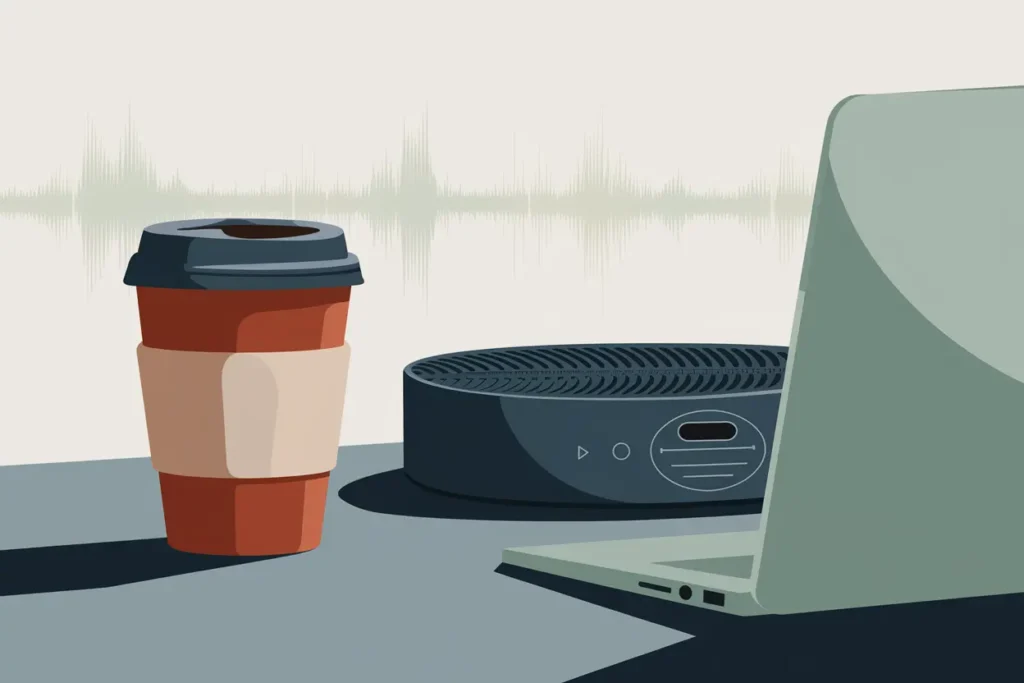 a navy blue circular sound machine next to a sage green laptop, to-go coffee cup, and sound waves in the background