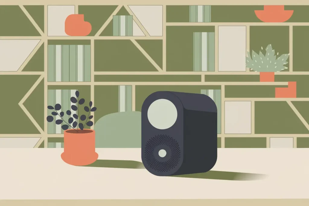 navy blue sound machine on beige table next to potted plant, green background