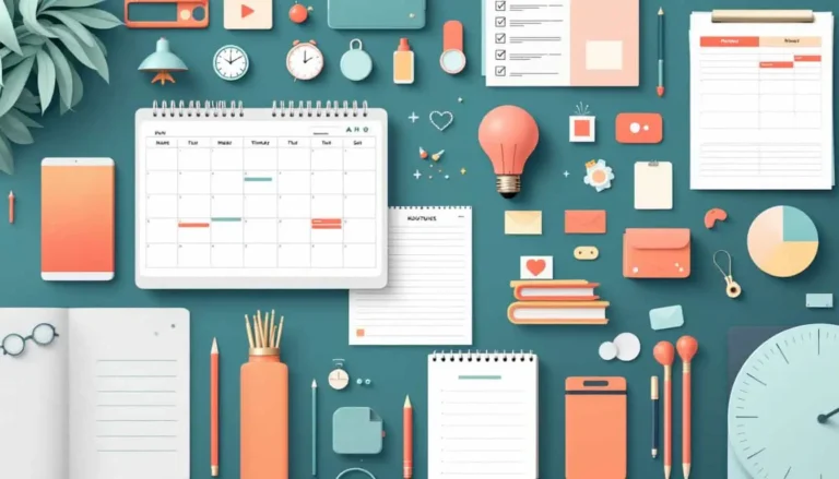 Digital and paper calendars, colorful icons, and organizational elements for visual schedules and routines for adults with ADHD on a sleek modern background.