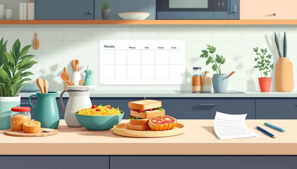 Planning Your Meals: Weekly meal planner on tidy kitchen counter with food icons, grocery list, and pen in a modern 2D vector style