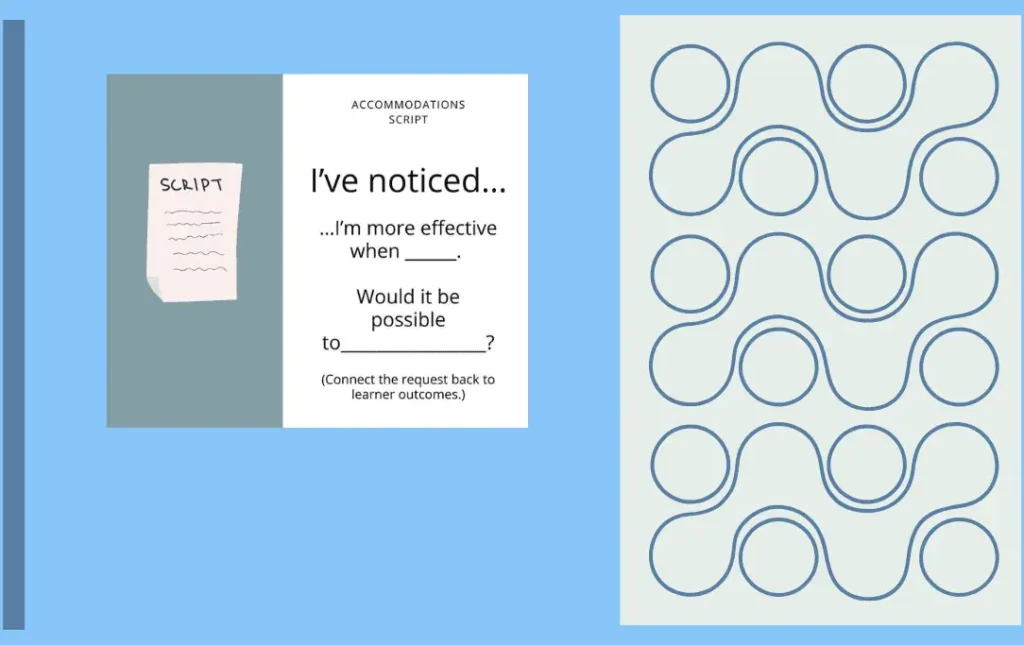 Slide with a sample accommodations script that reads: 'I’ve noticed… I’m more effective when ____. Would it be possible to _____?' with a note to connect the request back to learner outcomes.