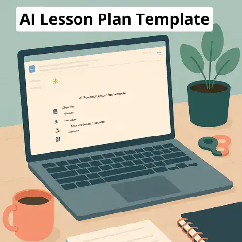 open laptop with AI lesson plan template, text reads AI lesson plan template, teacher workspace with coffee mug, notepads, fidget, and plant