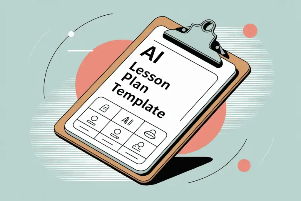 Illustration of an AI-generated lesson plan template on a clipboard in teal and coral colors