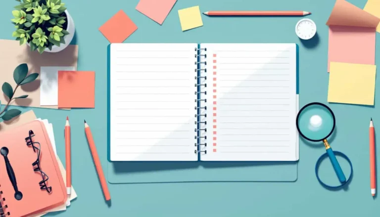 workspace for focused lesson planning, notebooks and sticky notes, scattered pencils