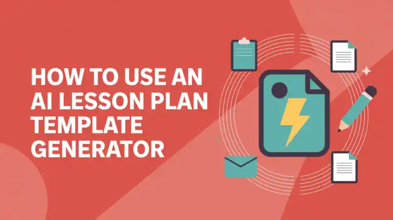 Header image with bold text "How to Use an AI Lesson Plan Template Generator" and teaching icons