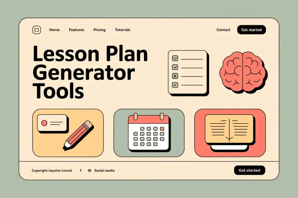 text says lesson plan generator tools, icons including checklist, brain, pencil, calendar, in an app format 
