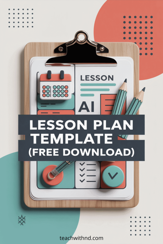 text reads ai lesson plan template free download, teal and coral productivity icons like calendar and check marks on clipboard