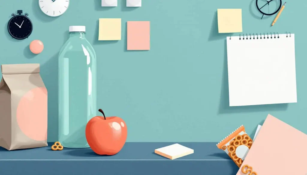 red apple, water bottle, snacks, sticky notes for focused lesson planning, taking breaks