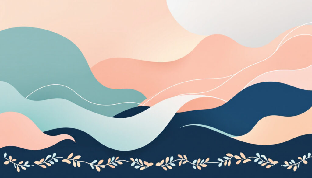 abstract wavy lines as boundaries in sage and peach and navy with floral border at the bottom