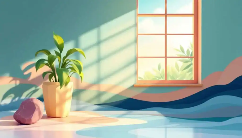 How Somatic Experiencing Builds Boundaries for Teachers with ADHD and Autism 6 Calm classroom scene with open window, plant, sensory stone, and abstract waves creating a sense of boundaries and space.