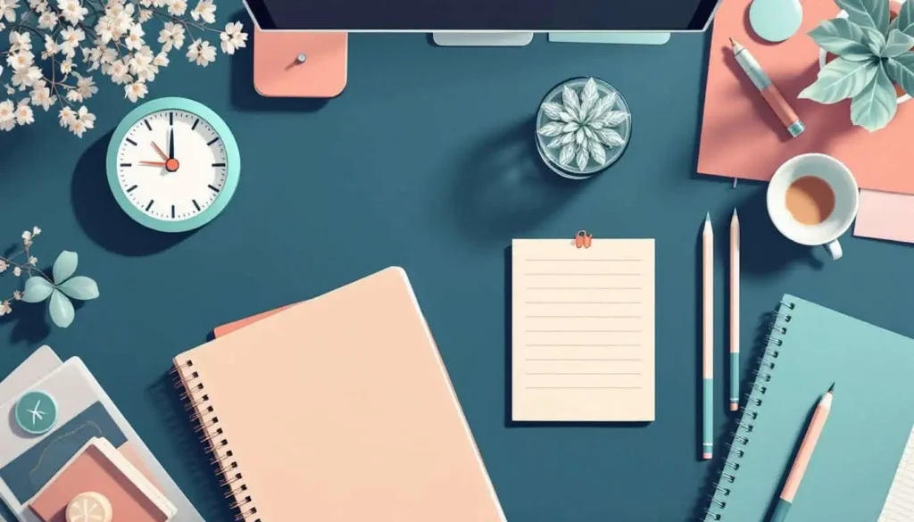 teal desk with peach notebooks and visual timers for focused lesson planning
