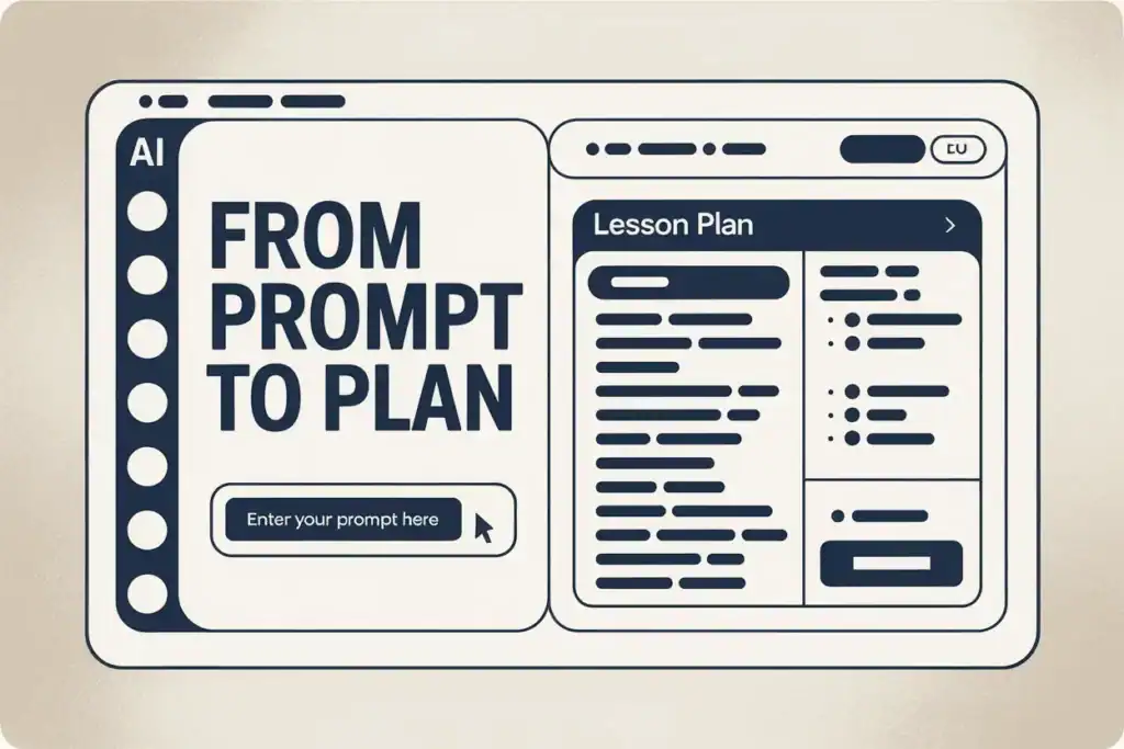 Side-by-side visual of AI prompt box and resulting lesson plan output on screen, ai lesson plan template generator 