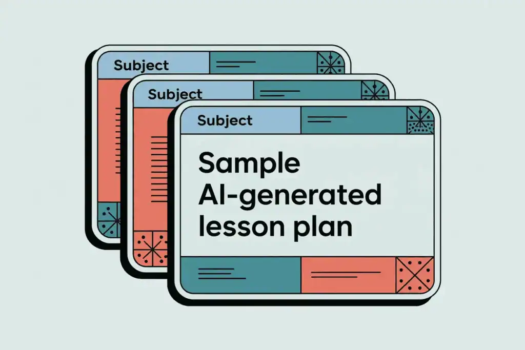 vector illustration of sample ai-generated lesson plan, three images overlayed front to back, teal and coral and light blue, light grey background