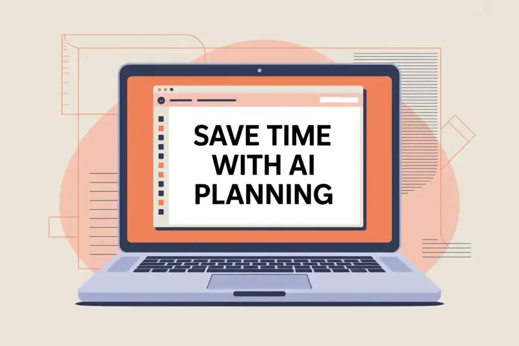 Flat vector of a laptop creating a digital AI lesson plan with bold header text which says save time with ai planning