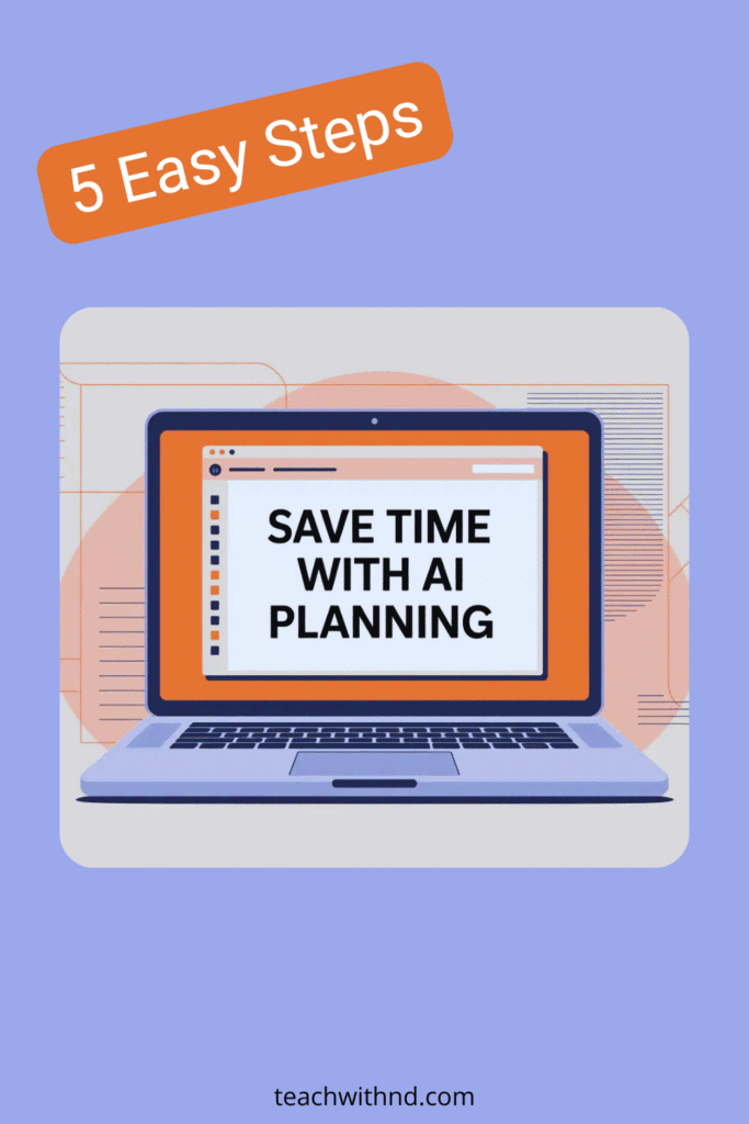 purple background, laptop open with text reading save time with ai planning, above text says five easy steps, ai lesson plan template generator