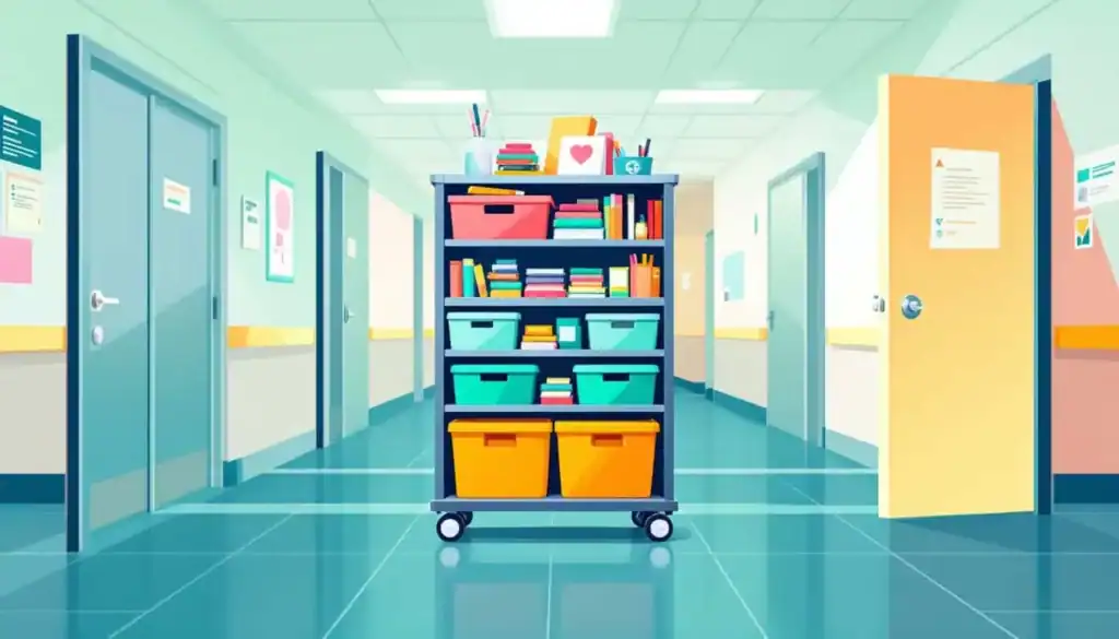 Cart filled with sorted storage bins, books, and supplies in a school hallway with doors.