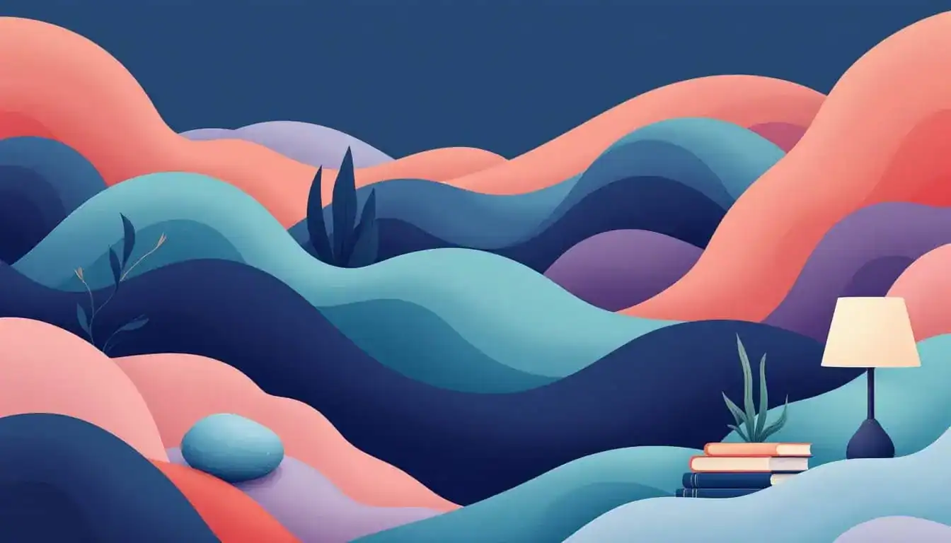 Overlapping waves, anchored office objects, and soft shapes illustrate somatic boundaries and regulation for neurodivergent adults.