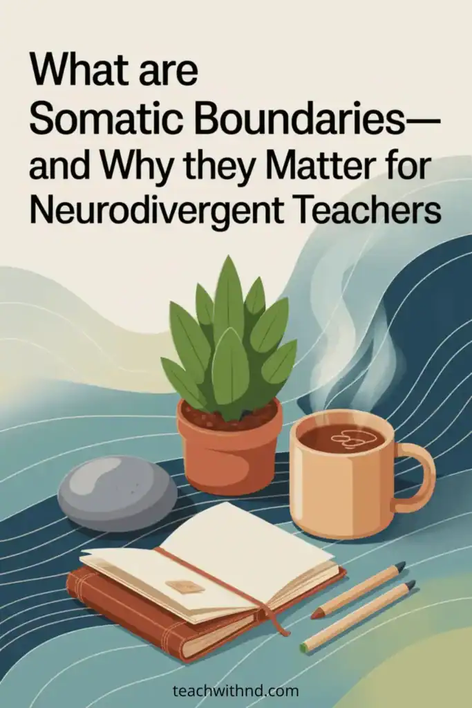 How Somatic Experiencing Builds Boundaries for Teachers with ADHD and Autism 8 2D vector illustration of sensory classroom objects (stone, plant, mug, notebook) on abstract background symbolizing boundaries and nervous system support., text says what are somatic boundaries and why they matter for nd teachers