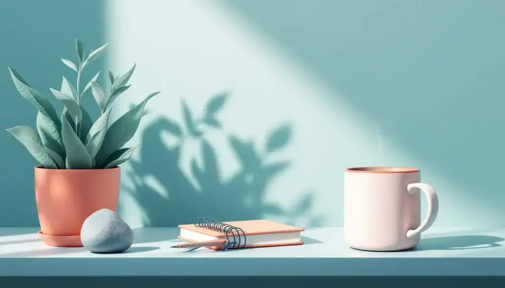 How Somatic Experiencing Builds Boundaries for Teachers with ADHD and Autism 3 Soothing classroom items for somatic boundaries—sensory stone, mug, plant, and textured notebook arranged on a soft, abstract background.