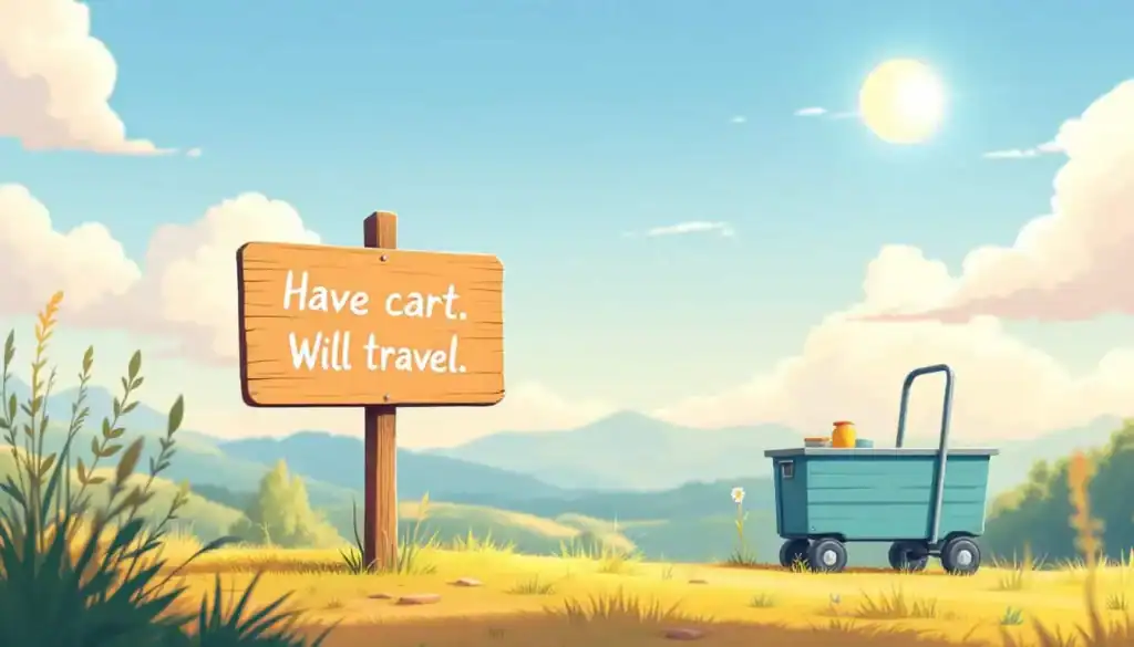 Sunny outdoor classroom scene with teal rolling cart, signpost, and sky. Text reads: "Have cart. Will travel."