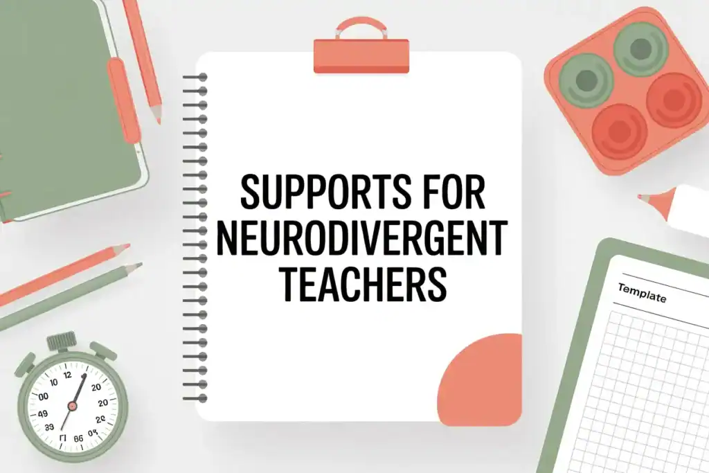 notepad with text reading supports for neurodivergent teachers, stop watch, template, fidget nearby on desktop workspace