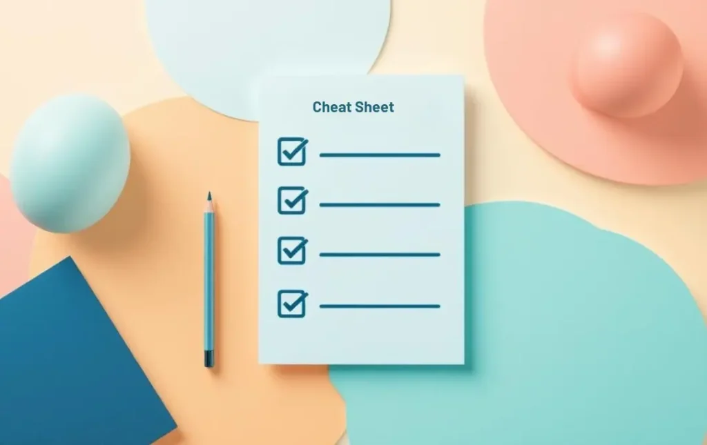 Printable teacher planning cheat sheet with icons like paper, clip, and checkmarks, modern vector, no people.