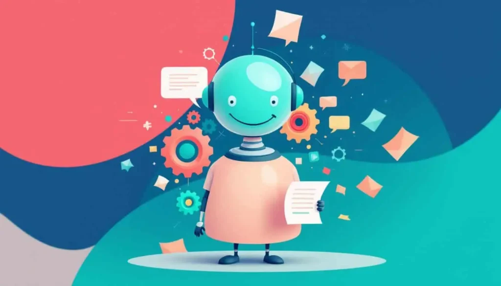 Abstract AI assistant imagery featuring gears, speech bubbles, and organized papers floating, symbolizing teacher support, in teal and coral vector style.