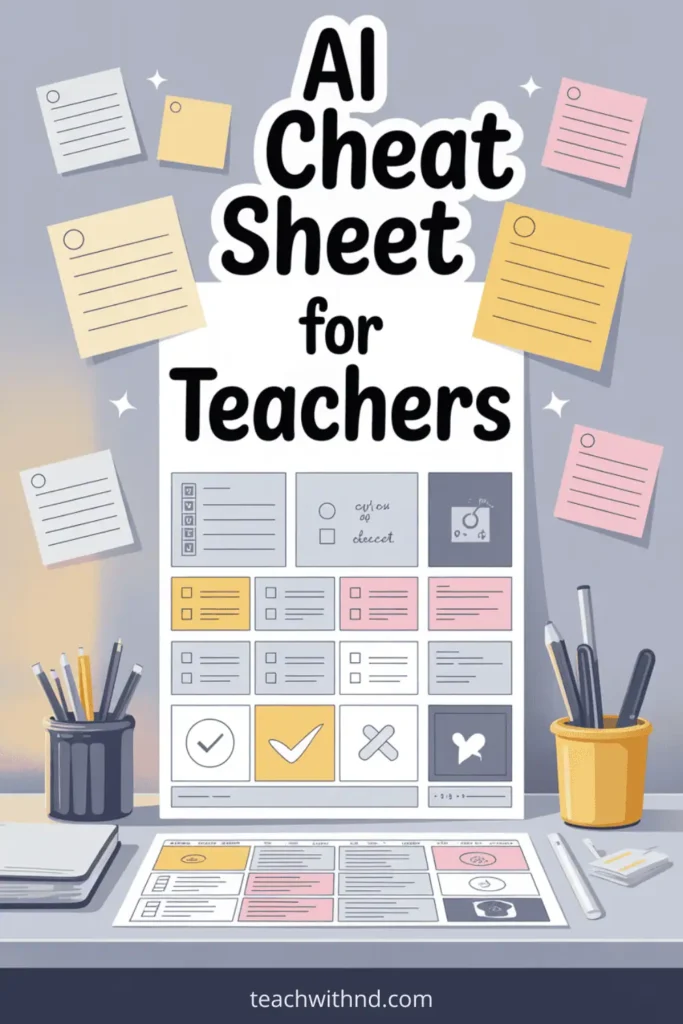 2D vector of a modern AI prompt cheat sheet for teachers, with colorful sticky notes, planner, and desk accessories in a tidy workspace, guide to writing ai prompts