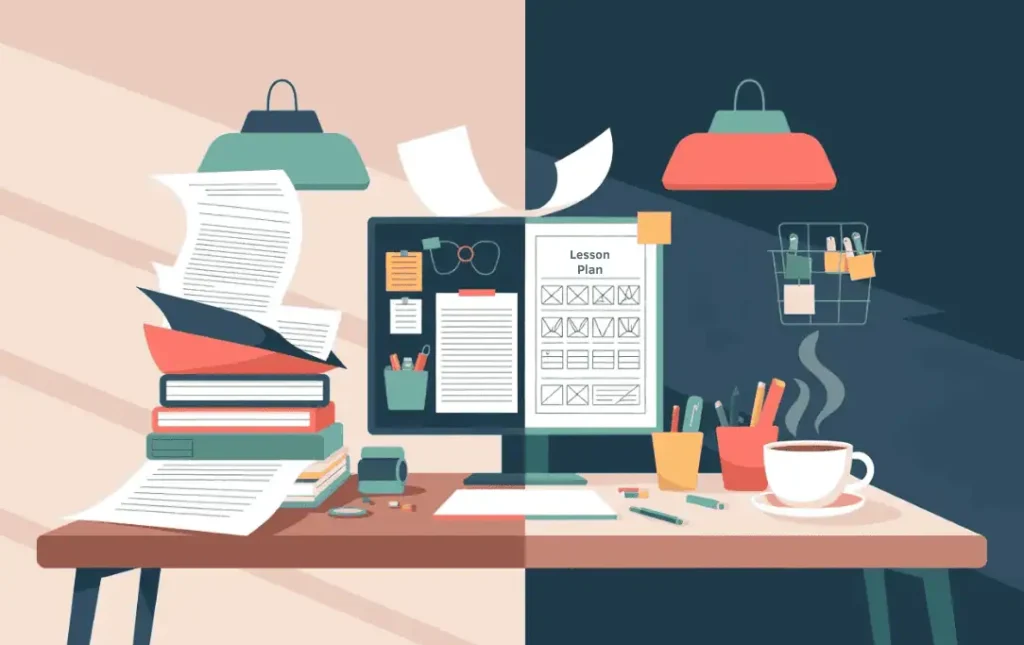 Split-screen desk scene: left side shows a chaotic pile of papers, books, and clutter under warm lighting; right side displays a tidy, organized workspace with an AI-generated lesson plan, coffee, and stationery under cool lighting. Illustration uses a neutral palette with pops of peach, teal, coral, navy, and white.