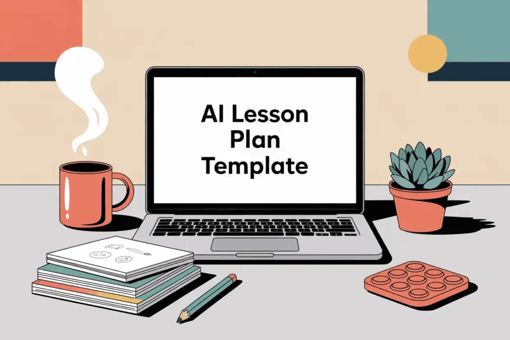 Overhead view of a modern teacher's workspace featuring an open laptop with "AI Lesson Plan Template" on the screen, a peach coffee mug, a stack of notepads, a pencil, a small potted succulent, and a peach fidget toy, all in a neutral palette with accents of peach, teal, coral, navy, and white.