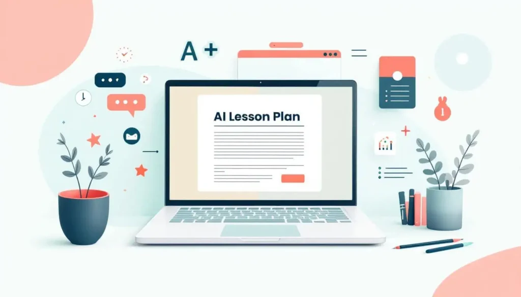 Open laptop displaying an AI lesson plan template on the screen, surrounded by colorful abstract elements in teal, coral, peach, sage, navy, and beige, AI lesson plan generator 