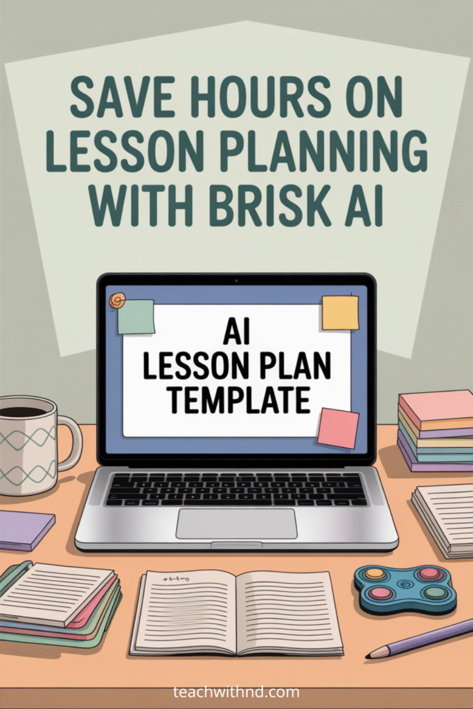 Open laptop displaying “AI Lesson Plan Template” and big text "Save Hours on Lesson Planning With Brisk AI" on a teacher’s desk with coffee mug, sticky notes, notepads, and fidget toy, in bright, modern style.