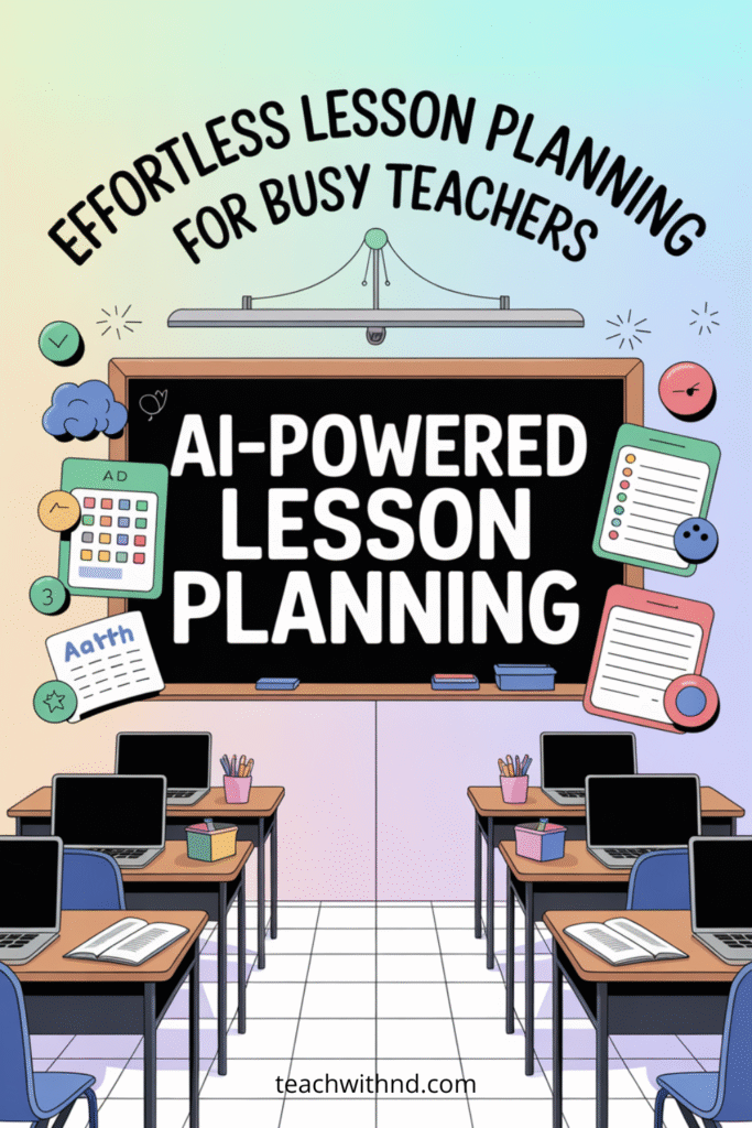 Bright classroom with rows of desks, laptops, colorful stationery, and a large digital board labeled “AI-Powered Lesson Planning.” Teal, turquoise, peach, and navy vector style, no people.