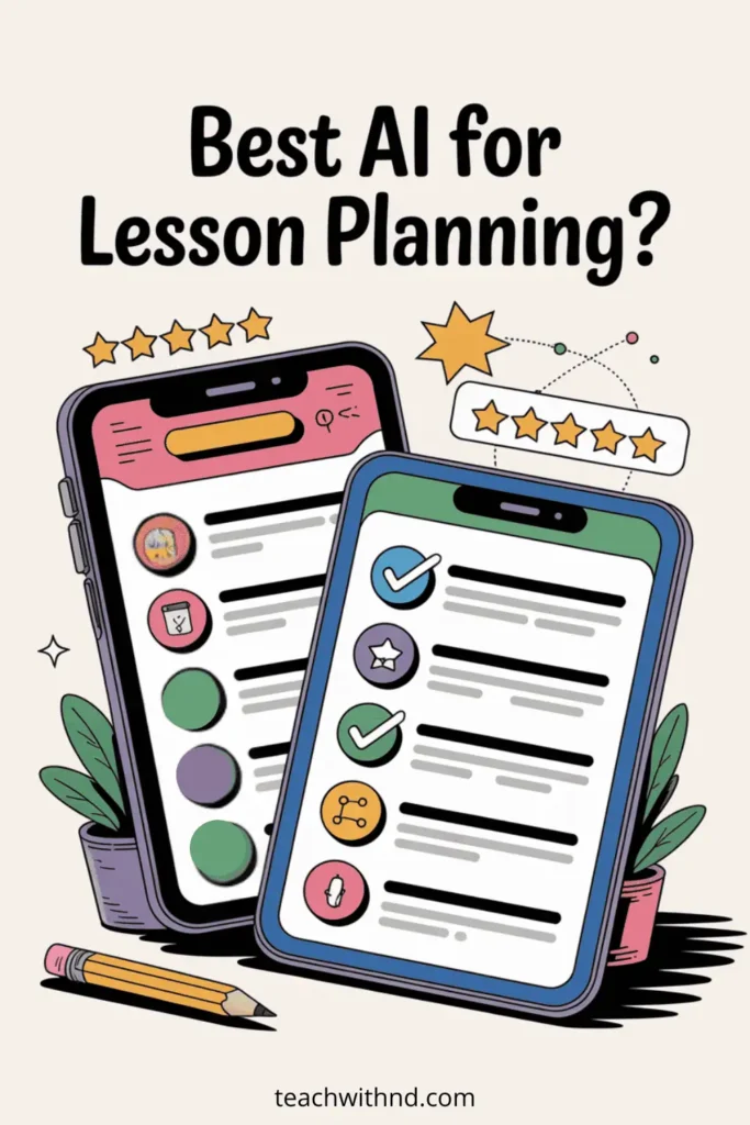 Two illustrated smartphones display lesson planning checklists and student avatars, surrounded by stars, pencil, and plants with the headline "Best AI for Lesson Planning?"—visualizing a comparison of AI lesson planning tools for teachers.