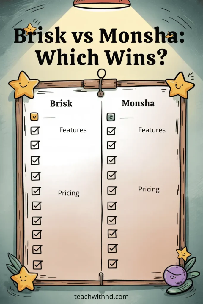 Illustrated comparison chart under a spotlight with two columns labeled Brisk and Monsha, featuring checkboxes for features and pricing, decorated with stars and plants, and the headline "Brisk vs Monsha: Which Wins?"—visualizing the side-by-side evaluation of leading AI lesson planning tools.