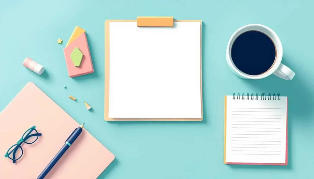 Blank digital page or document with blinking cursor, coffee mug and notepad beside it, symbolizing lesson plan starting point. Modern 2D vector style, neutral with teal, turquoise, peach, navy accents, no people.