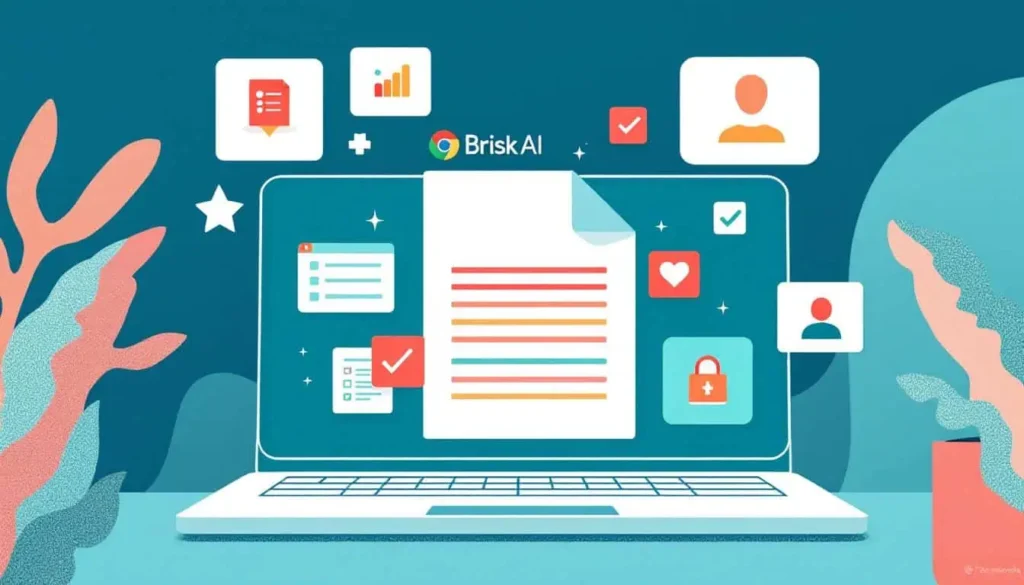Brisk AI Chrome extension icon inside a Google Doc, with lesson planning cards, checklists, and support icons emerging from the laptop, how brisk ai helps teachers save hours on lesson planning 