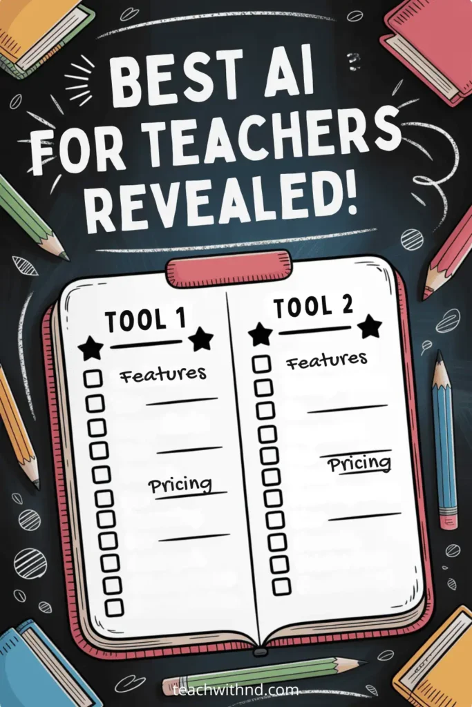 Illustrated open checklist notebook comparing two AI tools for teachers, with columns for features and pricing, surrounded by colored pencils and schoolbooks on a chalkboard background, and the headline "Best AI for Teachers Revealed!"
