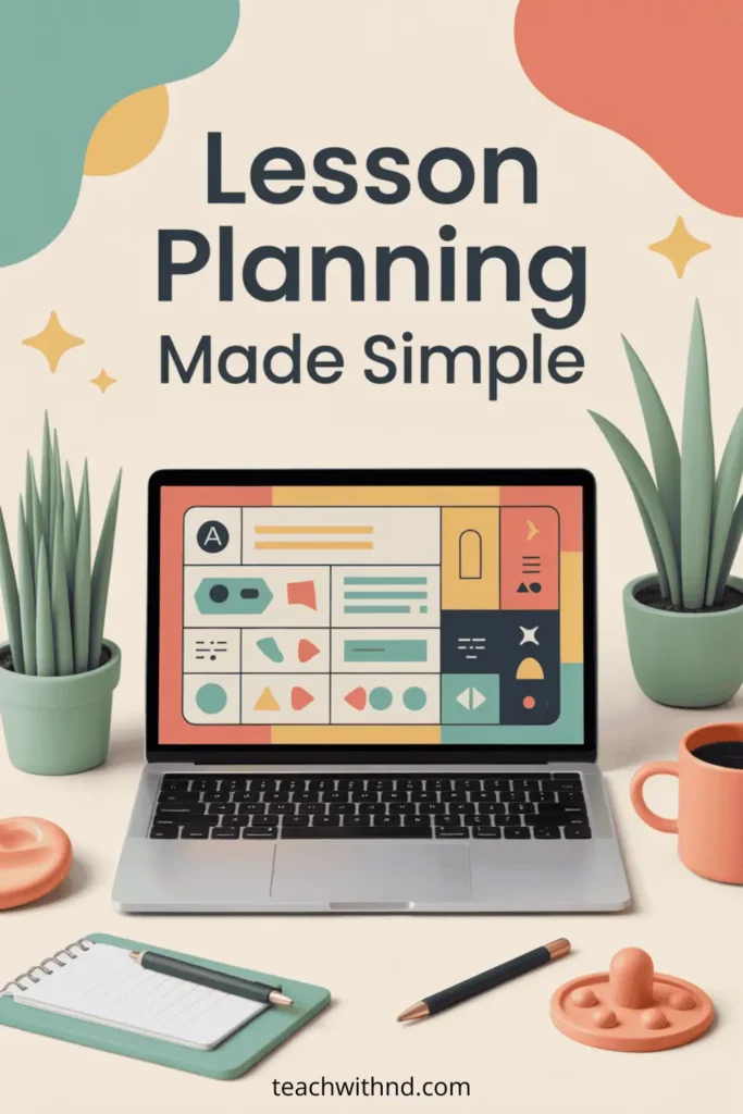 Modern vector illustration of an open laptop displaying a colorful lesson plan template, surrounded by plants, a notepad, a coffee mug, and a fidget toy. Big bold text reads “Lesson Planning Made Simple” in teal, coral, peach, sage, and navy colors. No people.
