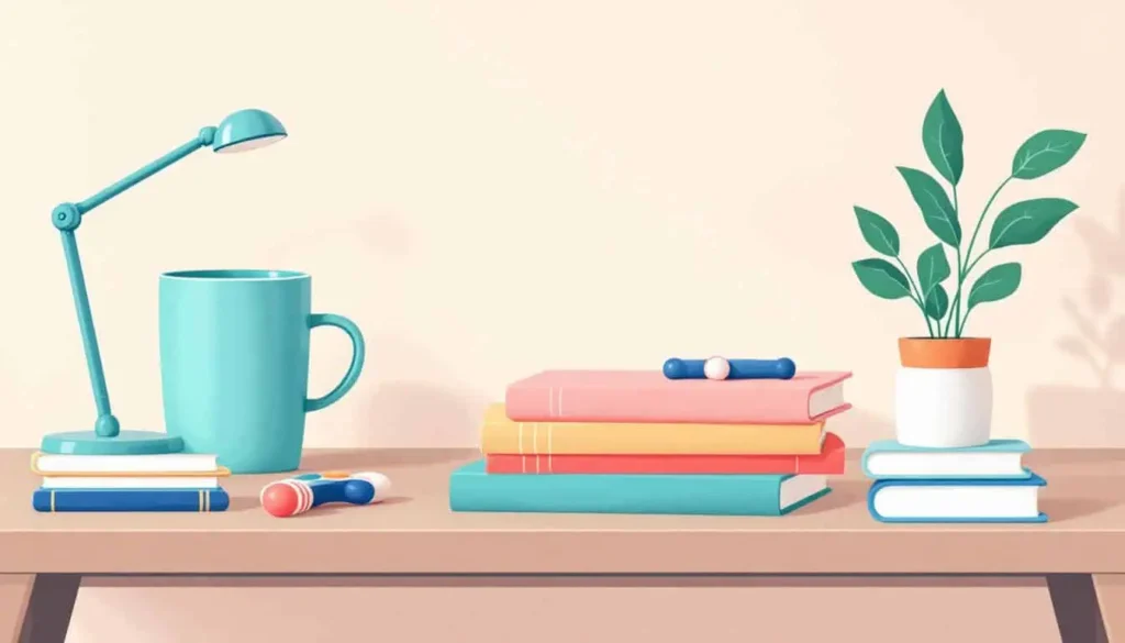 Tidy teacher’s desk with a coffee mug, stack of notepads, fidget toy, and a small plant, illustrated in modern vector style with calming colors.