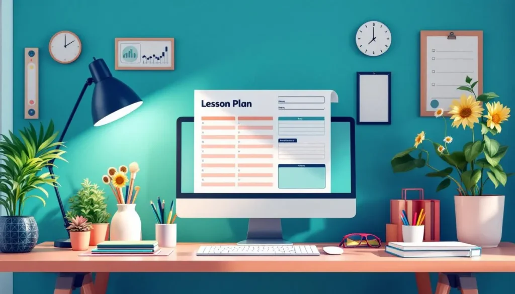 Colorful teacher’s workspace with an AI-generated lesson plan printout, scattered stationery, sticky notes, and a plant in a calming, organized environment. The color palette is teal, turquoise, peach, navy, and white, in a modern vector style without people, how to use chatgpt to make a week's worth of lessons