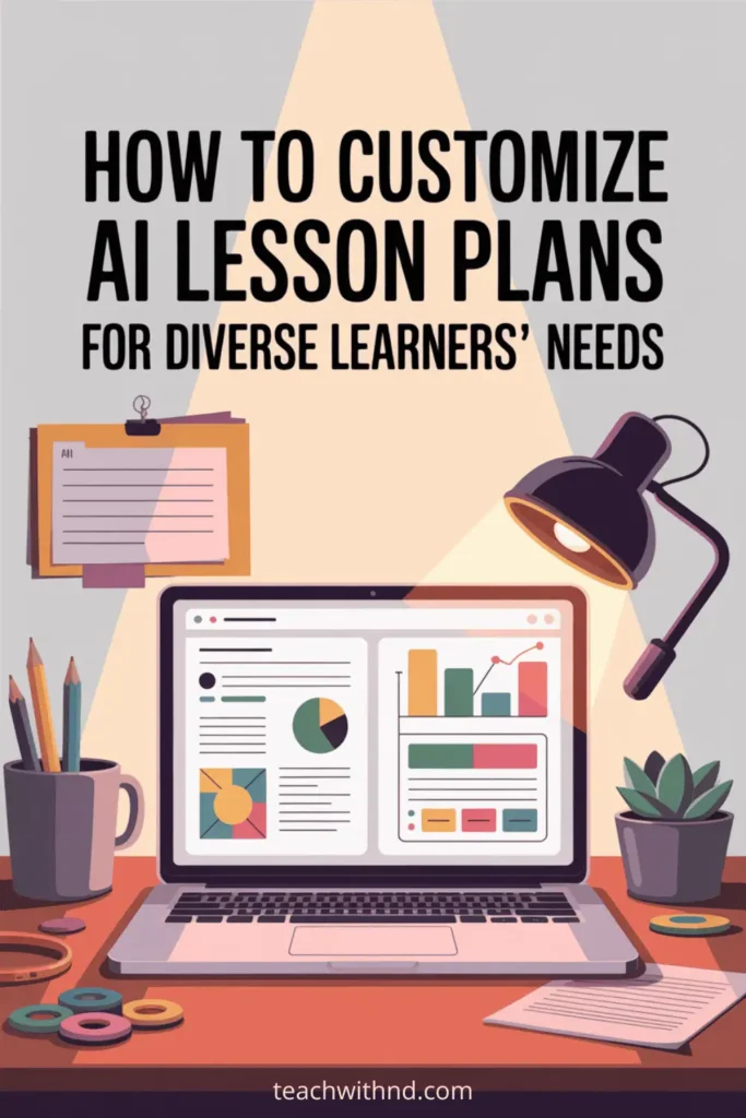 Modern illustration of a teacher’s desk with an open laptop displaying colorful charts and graphs, surrounded by a coffee mug, pencils, clipboards, a desk lamp, plant, and fidget rings. Large bold title at the top reads “How to Customize AI Lesson Plans for Diverse Learners’ Needs.”