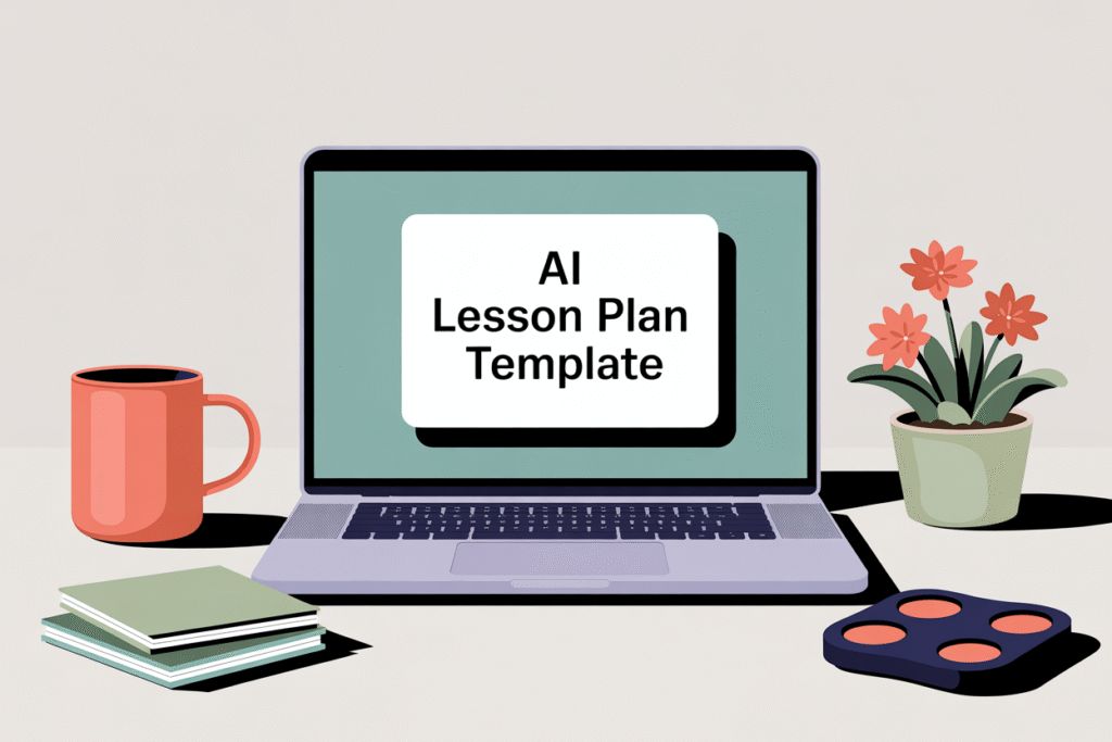 Alt text: Open laptop displaying "AI lesson plan template" on the screen, surrounded by a coffee mug, notepads, sensory fidget, and potted plant on a calm, uncluttered teacher workspace.