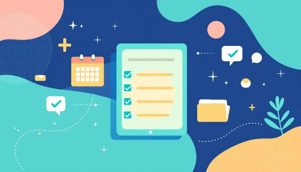 Modern vector image of a digital checklist on a tablet, surrounded by lesson planning icons such as a calendar, folders, and checkmarks. The design uses teal, turquoise, peach, navy, and white accents, with no people included.