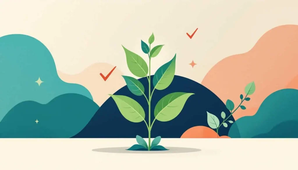 Growing plant with checkmark-shaped leaves, geometric background; 2D modern vector with teal, turquoise, peach, navy accents, no people.