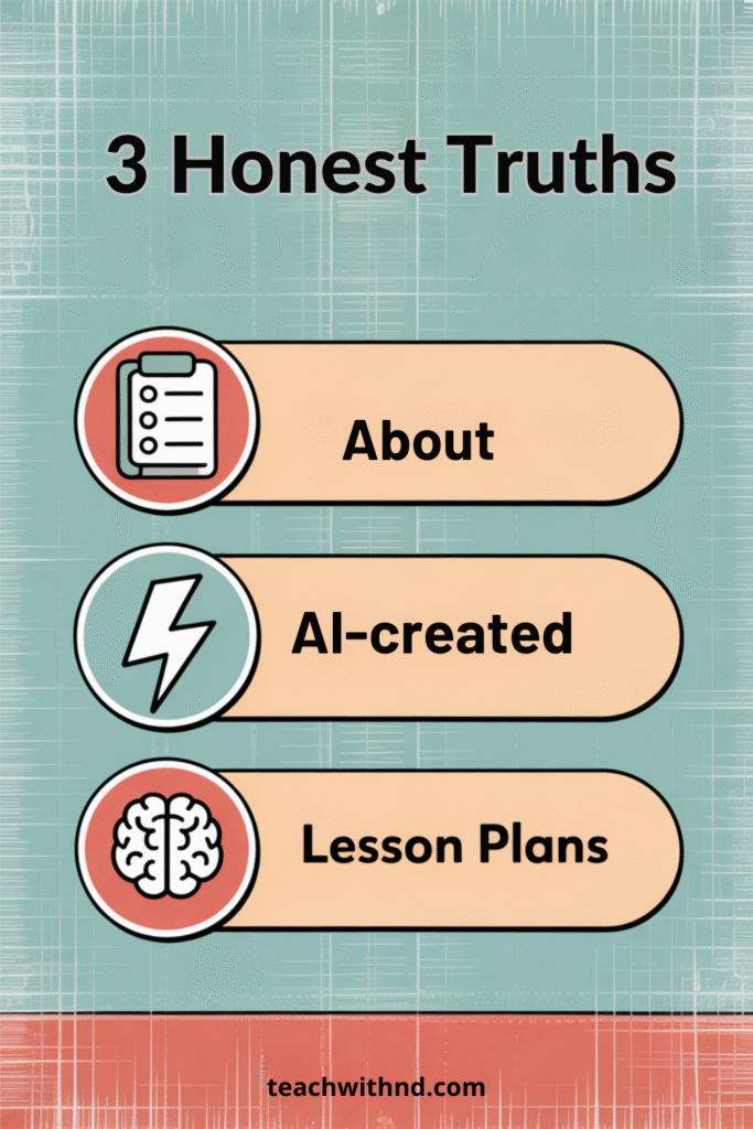 Simple graphic with the text “3 Honest Truths” at the top and three labeled buttons: “About,” “AI-created,” and “Lesson Plans,” each with a related icon (clipboard, lightning bolt, brain) on a teal and coral background. Minimalist, clean layout.