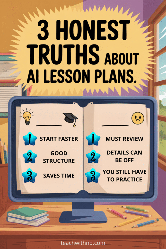  Illustrated infographic titled “3 Honest Truths About AI Lesson Plans” showing a computer monitor with an open book. One page lists benefits of AI lesson plans (start faster, good structure, saves time); the other lists drawbacks (must review, details can be off, still need practice). Colorful classroom background with books and pencils.