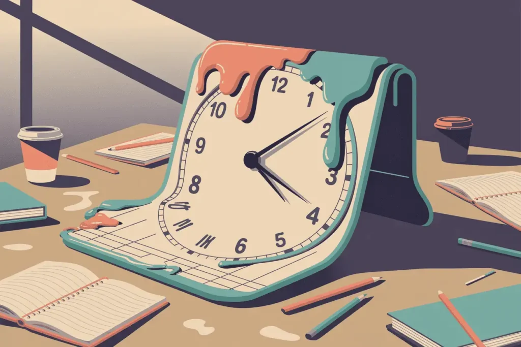 Modern vector illustration of a messy teacher's desk scattered with open notebooks, pencils, and coffee cups; in the center, a large clock is melting over a blank lesson plan template, symbolizing time slipping away and overwhelm, in neutral tones with teal, turquoise, peach, and navy highlights.