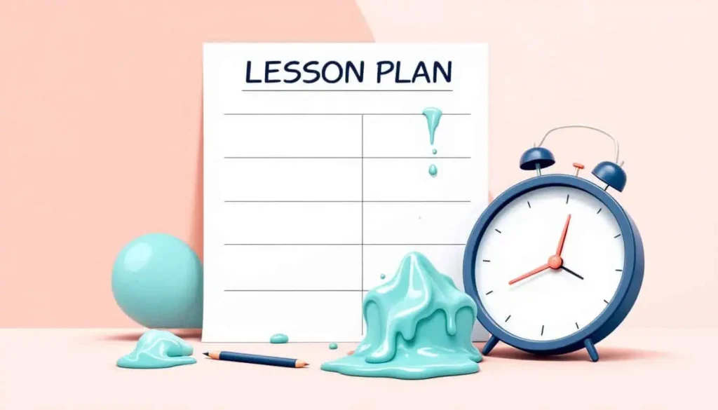 
Blank lesson plan template with melting ice cream or floppy clock, symbolizing overwhelm or time slipping away. 2D modern vector, neutral with teal, turquoise, peach, navy accents. No people.